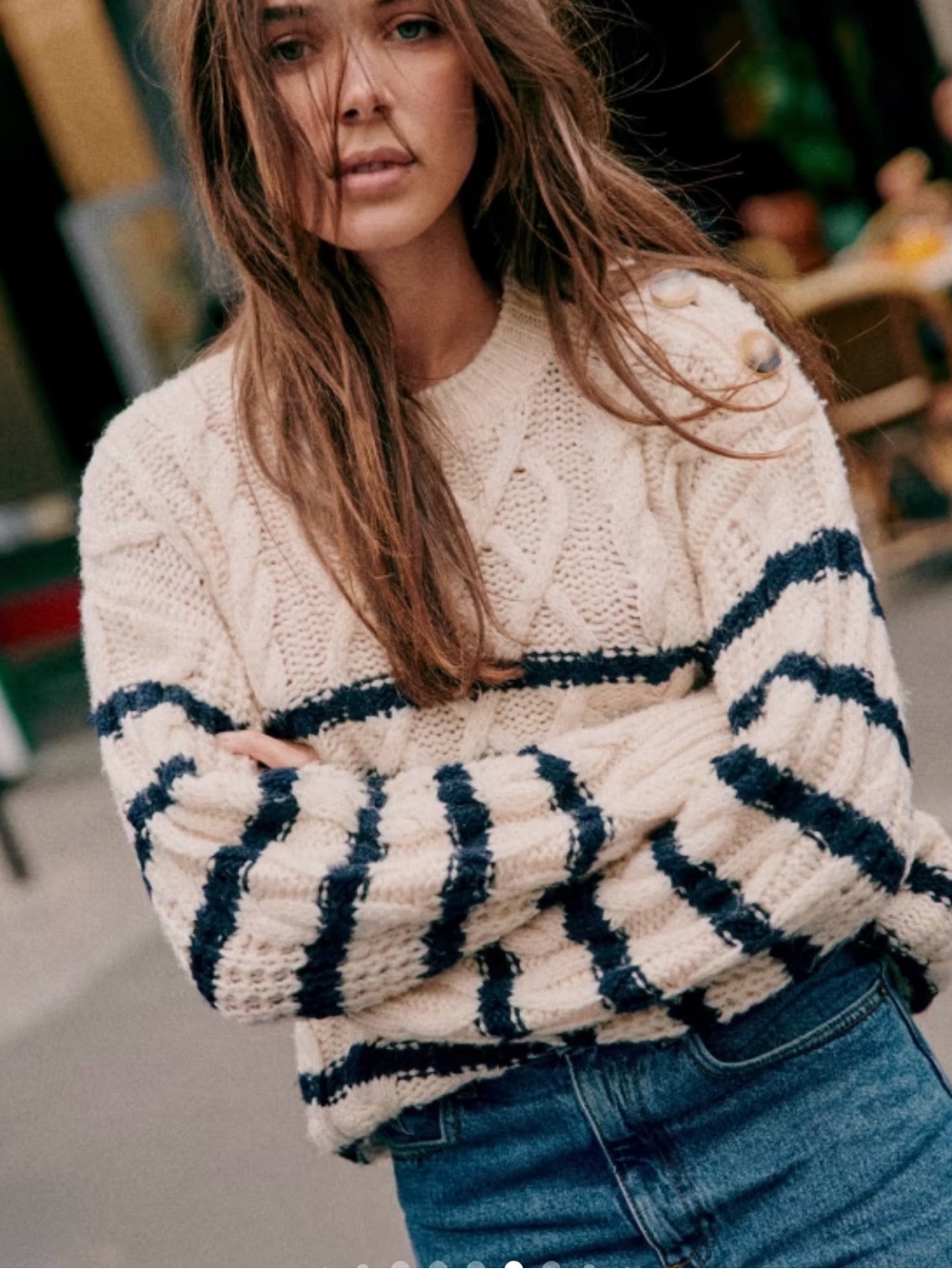 NWT Sezane James Jumper Cream Cable-Knit Sweater with Navy Stripes US 12